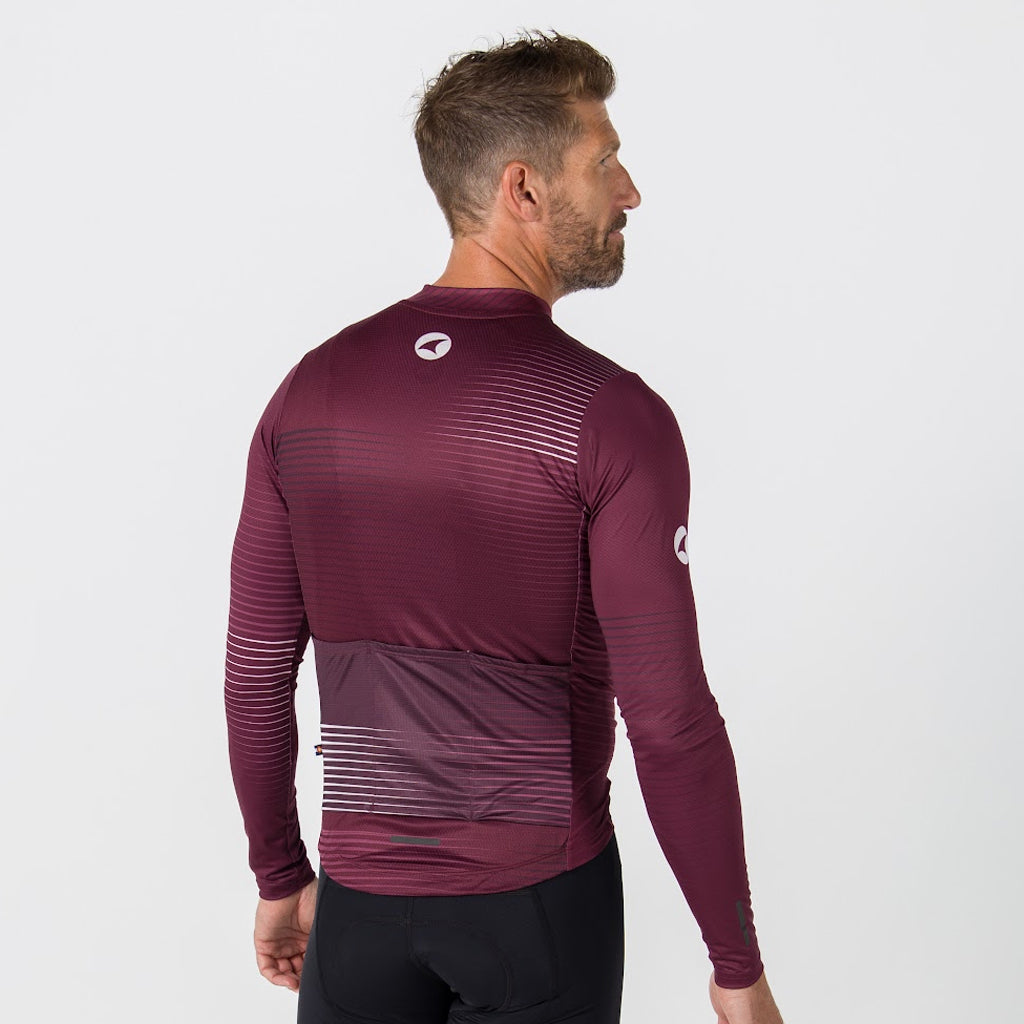 Men's Aero Long Sleeve Cycling Jersey On Body Back View Convergence #color_mulberry